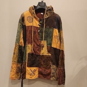 Patchwork Long Sleeves Hooded And Kangaroo Pouch Top Size L
